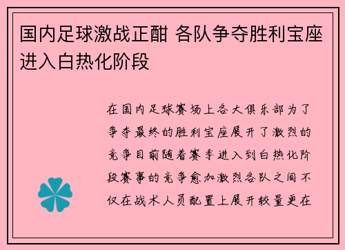 国内足球激战正酣 各队争夺胜利宝座进入白热化阶段